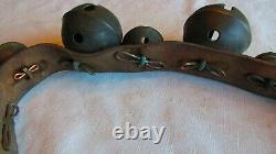 11 Vintage Brass Horse Sleigh Bells On Leather Strap 1 1/2 to 3 Bells