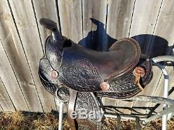 12 Vintage Western Leather Tooled Pony/Kids Saddle withHorse Head No Tapaderos