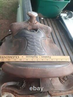 14.5 Vintage Leather Western Horse Saddle With Wooden Stirrups Marked 493