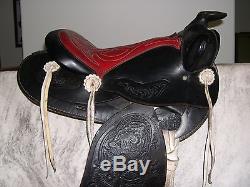 14 Vintage Black Leather Western Horse Saddle Original White Ties & Conchos