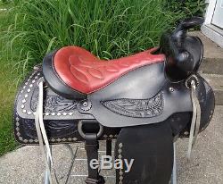 15.5 Vintage Black Leather Western Horse Parade Saddle w Tapaderos & Silver