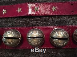 15 VINTAGE BRASS HORSE SLEIGH BELLS NEW RED LEATHER STRAP PARADE BARN