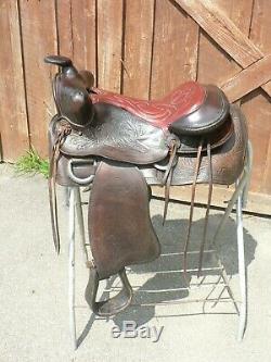 15 Vintage Acorn + Horse Tooled Brown Leather Ranch Trail Western Saddle