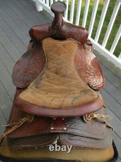 15'' Vintage Brown Leather Western Tooled Saddle Sqhb