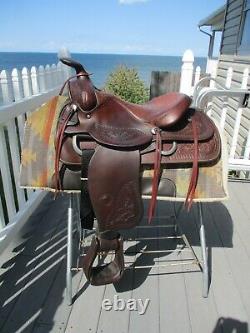 15'' Vintage Hereford Textan Roper Brown Leather Western Tooled Saddle Sqhb 34.2