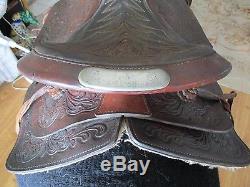 15'' Vintage Leather Western Hand Tooled Trail Saddle Quarter horse bars #918