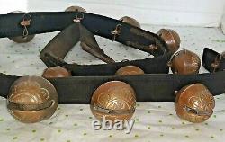 15 Vintage Petal Type Brass Horse Sleigh Bells on 42 Leather Strap with Iron Ring