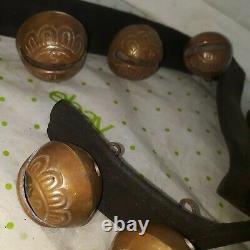 15 Vintage Petal Type Brass Horse Sleigh Bells on 42 Leather Strap with Iron Ring