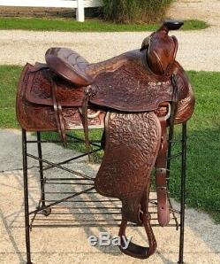 15 Vintage Western Saddle w Horse Head Tooling