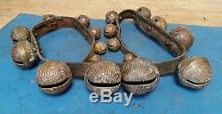 18 Antique Graduated Horse Sleigh Bells Vintage Brass Original Leather Strap