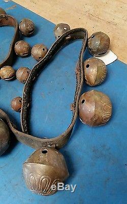 18 Antique Graduated Horse Sleigh Bells Vintage Brass Original Leather Strap