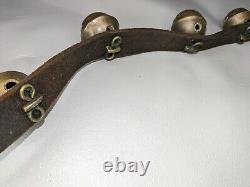 19 Antique Graduated Etched Brass Sleigh Bells Black Leather Horse Belt