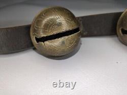 19 Antique Graduated Etched Brass Sleigh Bells Black Leather Horse Belt