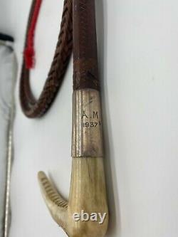 1937 Vintage Antique Antler Stag Handle Leather Wrapped Horse Bull Crop Whip Old