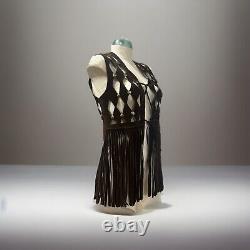 1960-70's Brown Leather Cut Out Fringe Vest With Gold Hardware XS-SM Woodstock