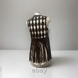 1960-70's Brown Leather Cut Out Fringe Vest With Gold Hardware XS-SM Woodstock