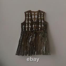 1960-70's Brown Leather Cut Out Fringe Vest With Gold Hardware XS-SM Woodstock