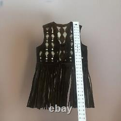 1960-70's Brown Leather Cut Out Fringe Vest With Gold Hardware XS-SM Woodstock