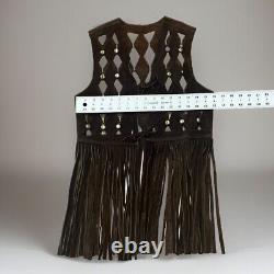 1960-70's Brown Leather Cut Out Fringe Vest With Gold Hardware XS-SM Woodstock