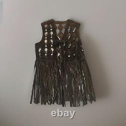 1960-70's Brown Leather Cut Out Fringe Vest With Gold Hardware XS-SM Woodstock