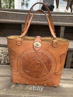 1960s Wester Ranch BOHO PURSE Leather Bag HAND TOOLED HORSE Butterfly Flowers