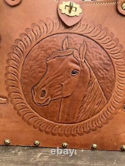 1960s Wester Ranch BOHO PURSE Leather Bag HAND TOOLED HORSE Butterfly Flowers