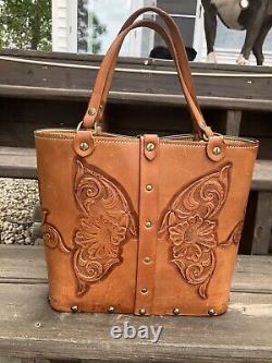 1960s Wester Ranch BOHO PURSE Leather Bag HAND TOOLED HORSE Butterfly Flowers