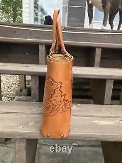 1960s Wester Ranch BOHO PURSE Leather Bag HAND TOOLED HORSE Butterfly Flowers