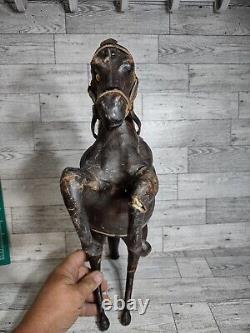 19th Century French Rearing Horse Hand carved wood Leather Covered Antique VTG