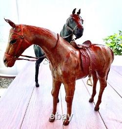 2 Antique Vintage Leather Wrapped Horses Horse Sculpture withTack 15 Glass Eyes