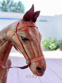 2 Antique Vintage Leather Wrapped Horses Horse Sculpture withTack 15 Glass Eyes