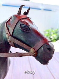 2 Antique Vintage Leather Wrapped Horses Horse Sculpture withTack 15 Glass Eyes