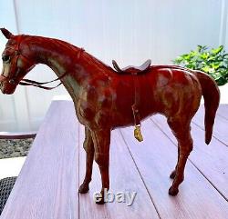 2 Old Vintage Leather Wrapped Horses Horse Sculpture with Tack 15 Glass Eyes