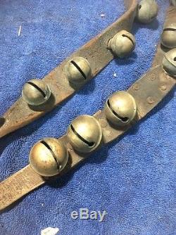 34 Antique Horse Sleigh Bells Vintage Cast Brass on Original Leather Strap 84