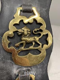 6 Vintage English Brass Horse Medallions Saddle Harness Set Leather Strap