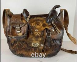 AMAZING RARE Vintage Tooled Leather Sherpa Horse Saddle Western Handbag Purse