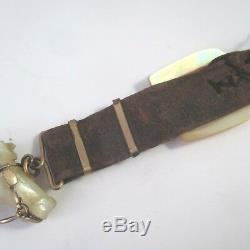ANTIQUE Vintage CARVED MOTHER OF PEARL HORSE HEAD withBRIDLE LEATHER WATCH FOB