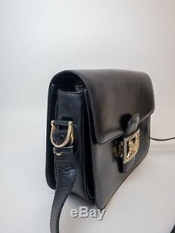 AUTHENTIC CELINE Box Bag HORSE CARRIAGE LOGO BLACK LEATHER SHOULDER VINTAGE