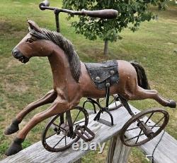 AWESOME Vtg. Wood, Leather Metal Tricycle Hand Carved Horse 23L x 17.5H x 9