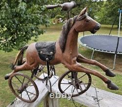 AWESOME Vtg. Wood, Leather Metal Tricycle Hand Carved Horse 23L x 17.5H x 9