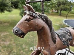 AWESOME Vtg. Wood, Leather Metal Tricycle Hand Carved Horse 23L x 17.5H x 9