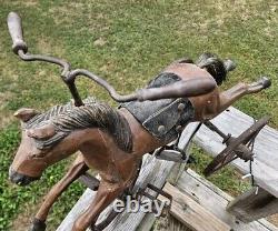 AWESOME Vtg. Wood, Leather Metal Tricycle Hand Carved Horse 23L x 17.5H x 9