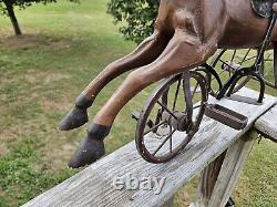 AWESOME Vtg. Wood, Leather Metal Tricycle Hand Carved Horse 23L x 17.5H x 9