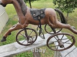 AWESOME Vtg. Wood, Leather Metal Tricycle Hand Carved Horse 23L x 17.5H x 9