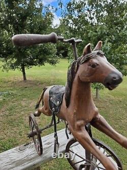 AWESOME Vtg. Wood, Leather Metal Tricycle Hand Carved Horse 23L x 17.5H x 9