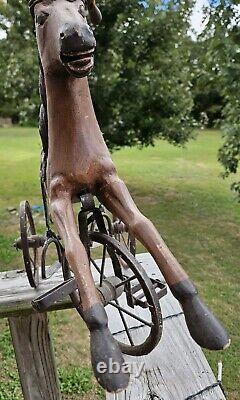 AWESOME Vtg. Wood, Leather Metal Tricycle Hand Carved Horse 23L x 17.5H x 9