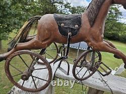 AWESOME Vtg. Wood, Leather Metal Tricycle Hand Carved Horse 23L x 17.5H x 9