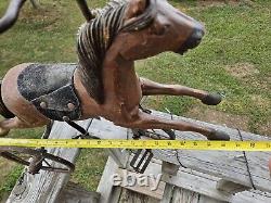 AWESOME Vtg. Wood, Leather Metal Tricycle Hand Carved Horse 23L x 17.5H x 9