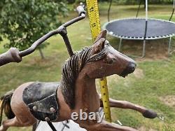 AWESOME Vtg. Wood, Leather Metal Tricycle Hand Carved Horse 23L x 17.5H x 9