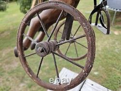 AWESOME Vtg. Wood, Leather Metal Tricycle Hand Carved Horse 23L x 17.5H x 9